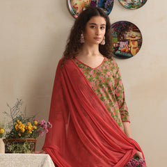 Khushal K Women Floral Printed Regular Pure Cotton Green Kurta & Palazzo With Dupatta