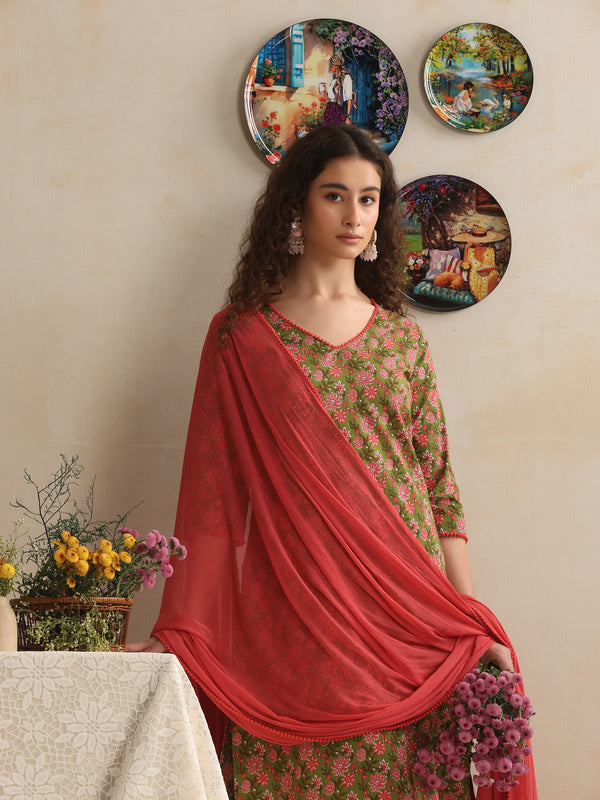 Khushal K Women Floral Printed Regular Pure Cotton Green Kurta & Palazzo With Dupatta