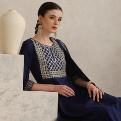 Floral Embroidered Sequinned Round Neck Anarkali Kurta With Palazzos & Dupatta