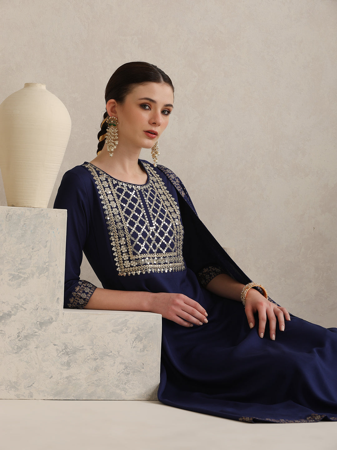 Floral Embroidered Sequinned Round Neck Anarkali Kurta With Palazzos & Dupatta