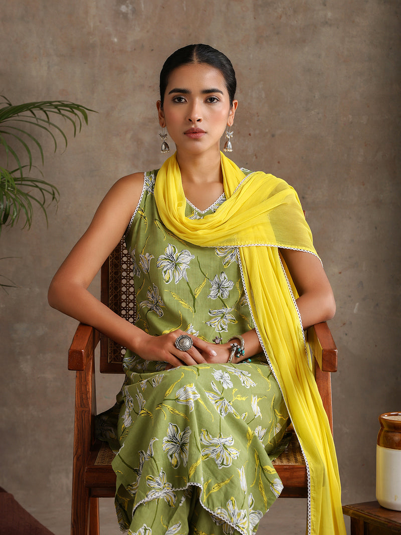 Floral Printed V-Neck Pure Cotton Straight Kurta With Palazzo & Dupatta