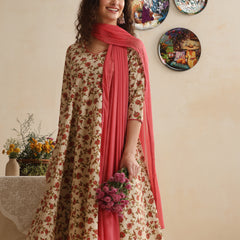 Khushal K Women Floral Cream Printed Regular Pure Cotton Kurta & Palazzo With Dupatta