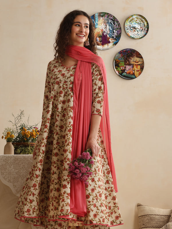 Khushal K Women Floral Cream Printed Regular Pure Cotton Kurta & Palazzo With Dupatta