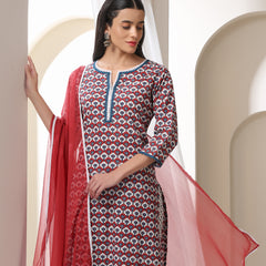 Floral Printed Notch-Neck Pure Cotton Kurta With Trousers And Dupatta
