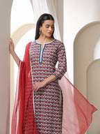 Floral Printed Notch-Neck Pure Cotton Kurta With Trousers And Dupatta