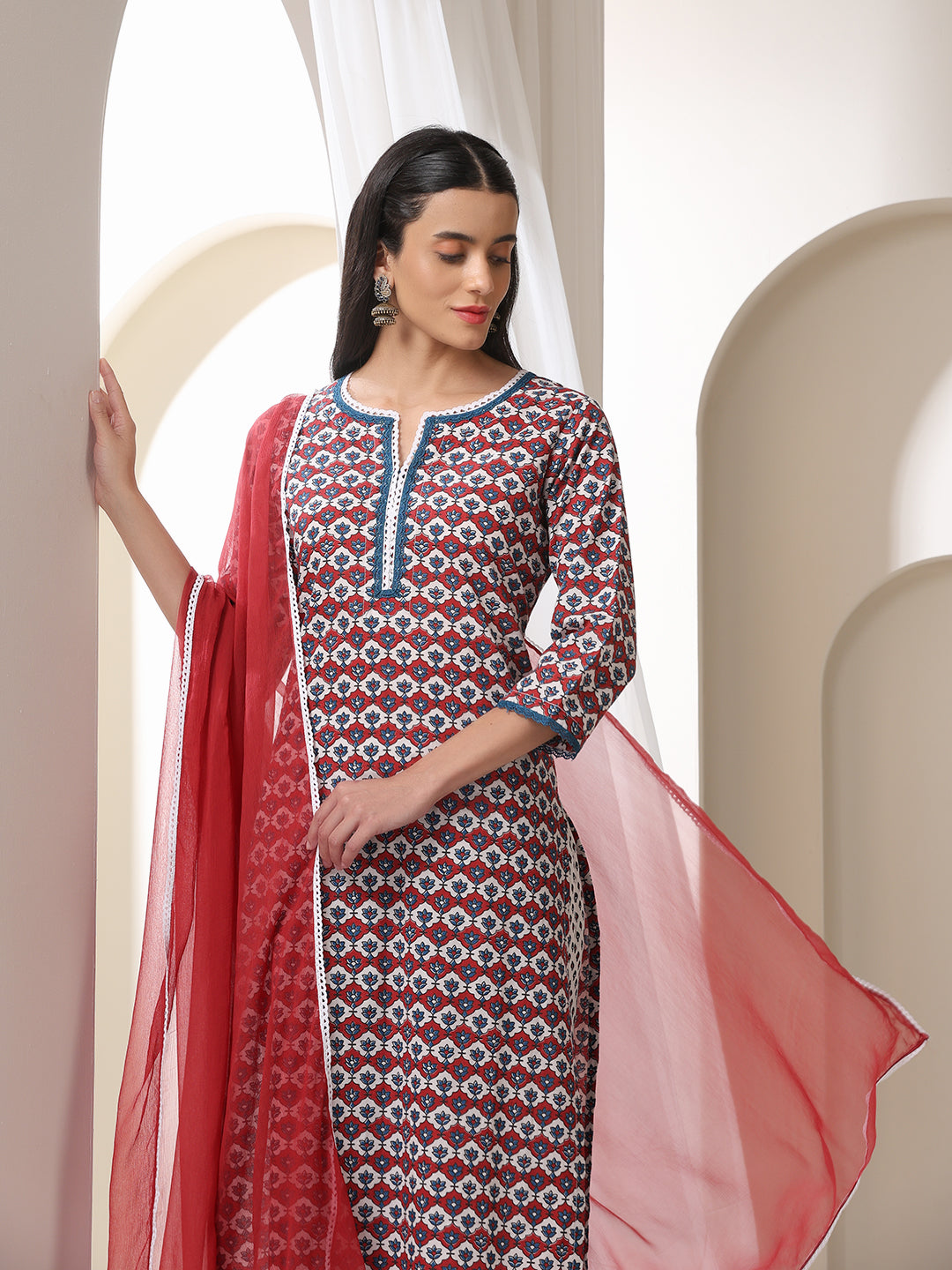 Floral Printed Notch-Neck Pure Cotton Kurta With Trousers And Dupatta