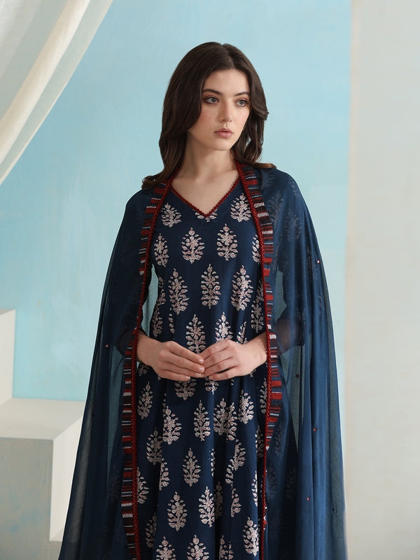 Ethnic Motifs Printed V-Neck Pure Cotton A-Line Kurta with Palazzos & Dupatta