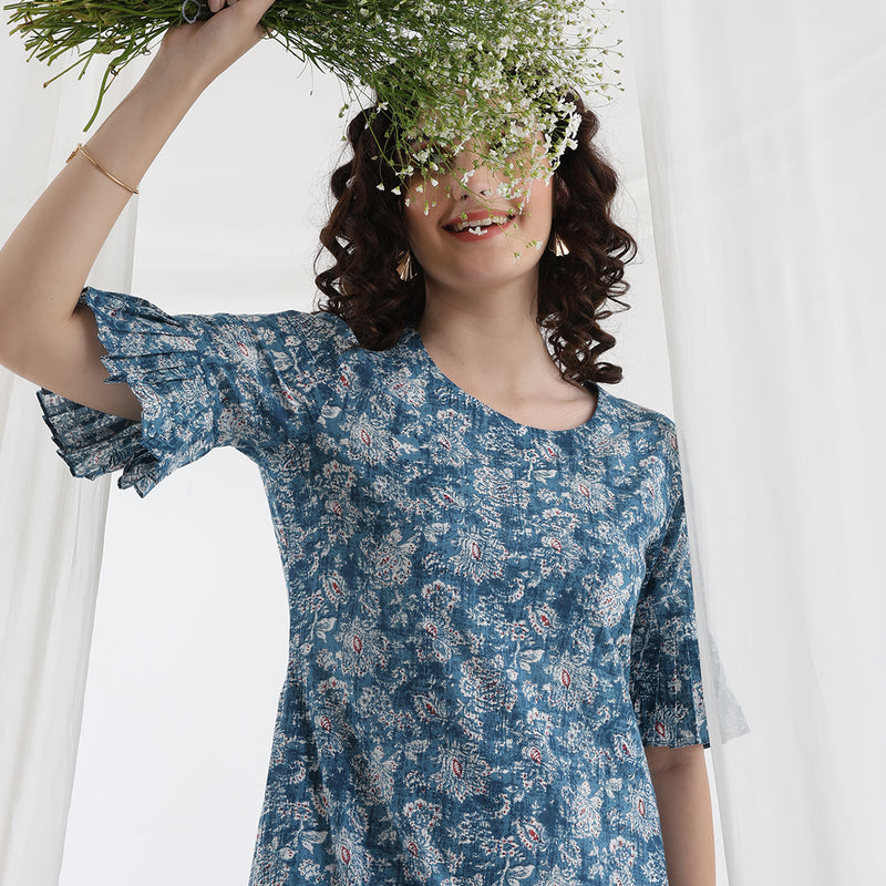 Women Floral Printed Cotton A-Line Above Knee Dress - Blue - Khushal K - Image 4