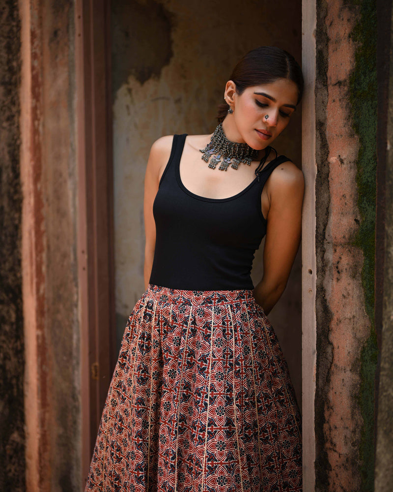 Khushal K Women's Maroon Printed Cotton Flared Maxi Skirt