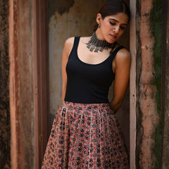 Khushal K Women's Maroon Printed Cotton Flared Maxi Skirt