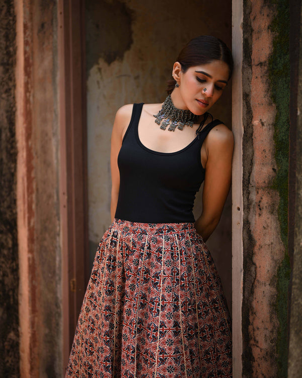 Khushal K Women's Maroon Printed Cotton Flared Maxi Skirt