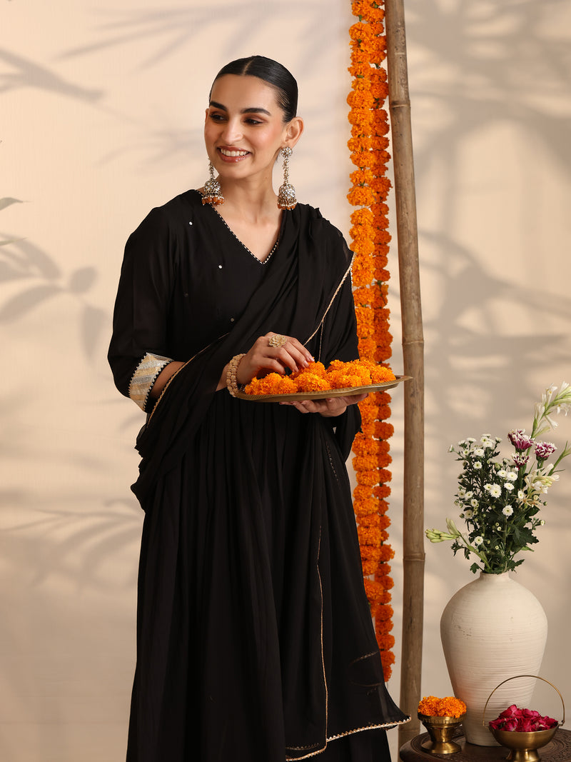 Khushal K Women Cotton Kurta and Palazzo With Dupatta Set - Black