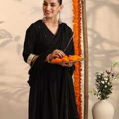 Khushal K Women Cotton Kurta and Palazzo With Dupatta Set - Black