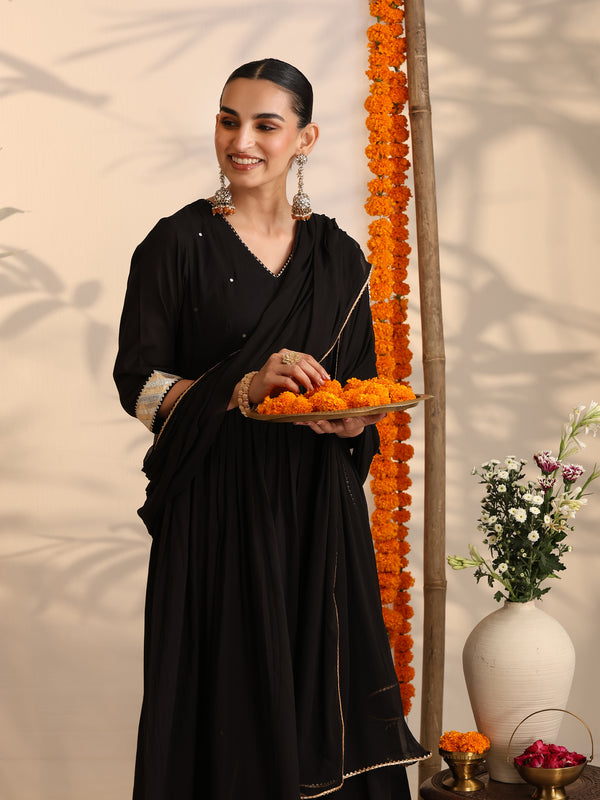 Khushal K Women Cotton Kurta and Palazzo With Dupatta Set - Black