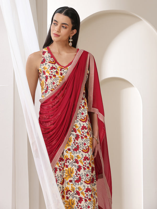 Khushal K Floral Printed V-Neck Pure Cotton Straight Kurta set