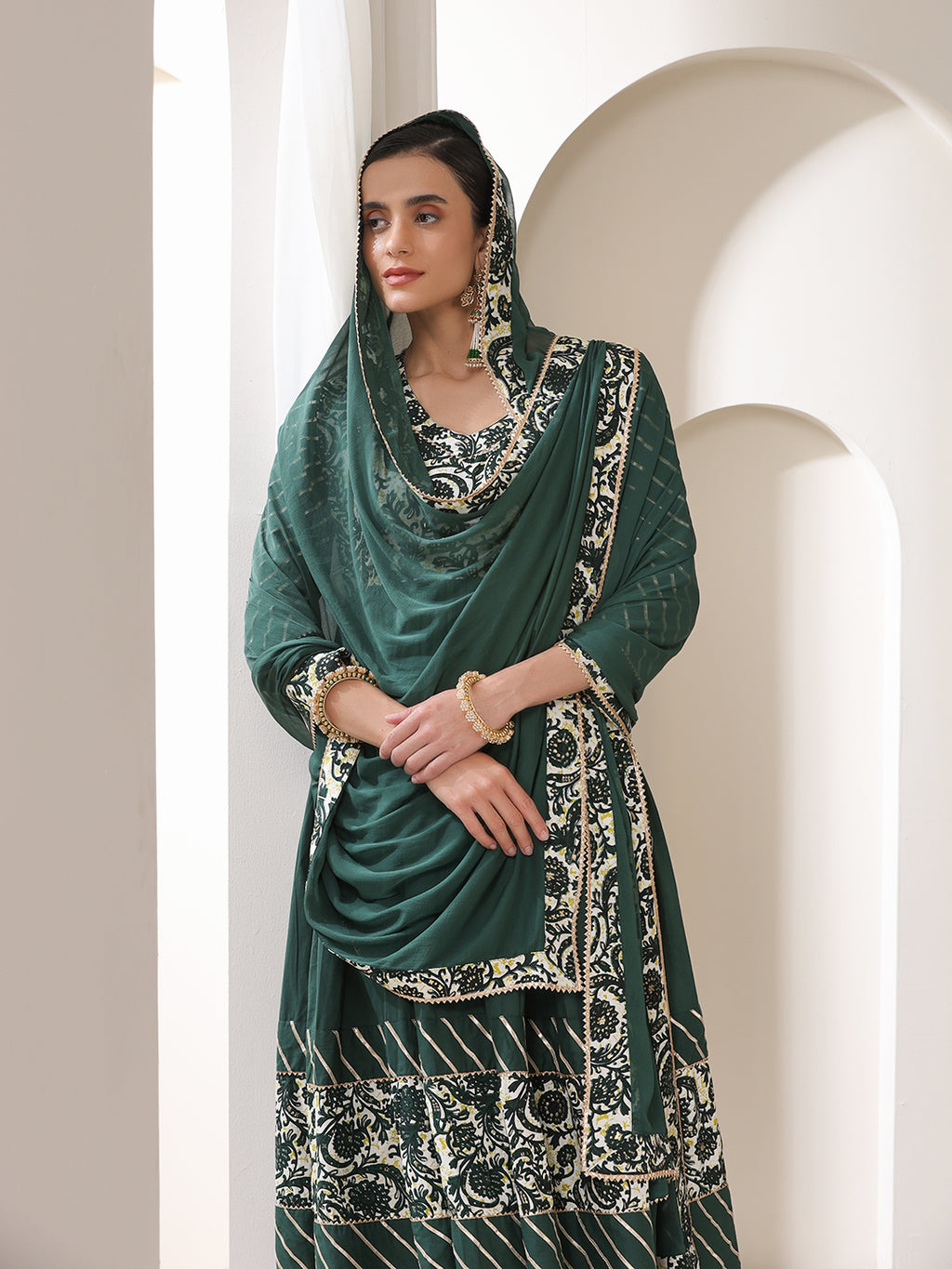 Floral Yoke Design V-Neck Pleated Anarkali Kurta With Palazzos & Dupatta