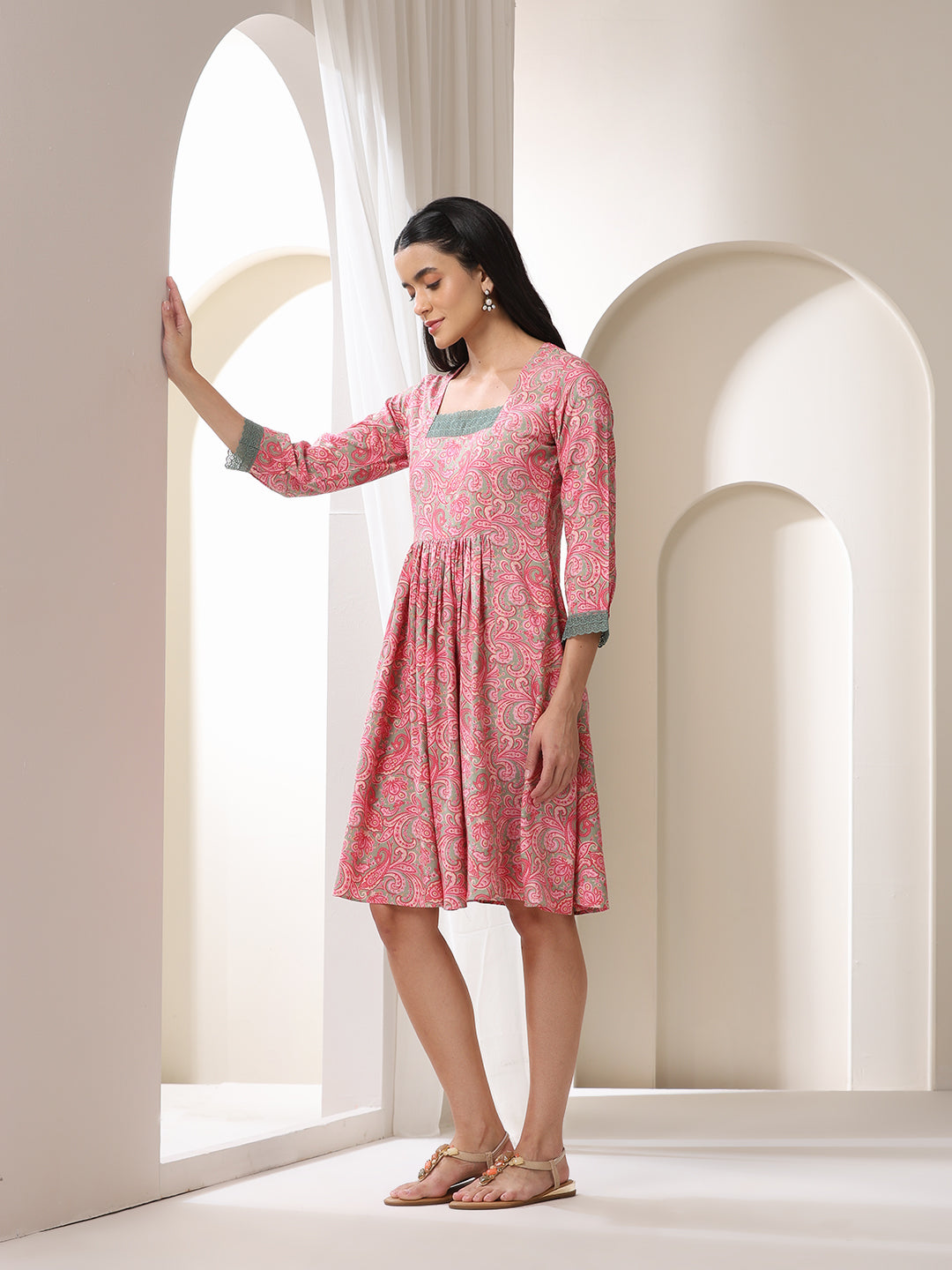 Tribal Printed Square Neck Fit & Flare Dress