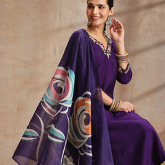 Khushal K Women Pure Silk purple Embroidered Kurta & Palazzo With Dupatta