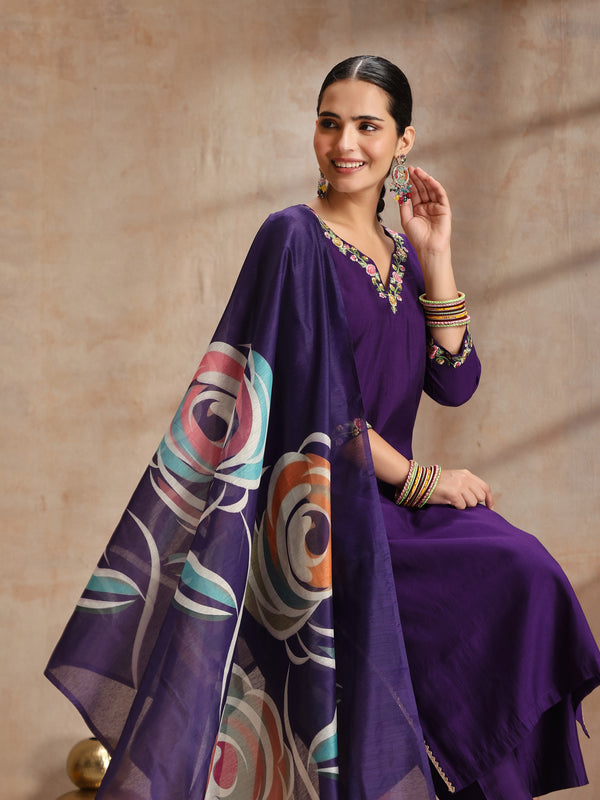 Khushal K Women Pure Silk purple Embroidered Kurta & Palazzo With Dupatta