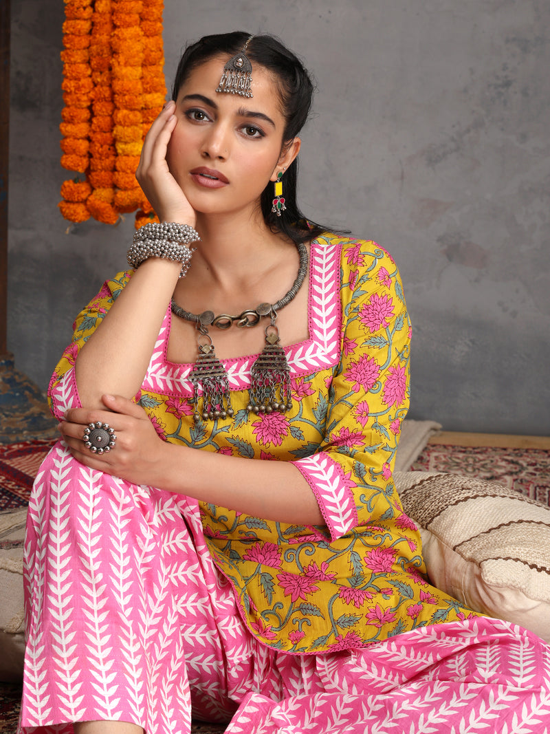 Khushal K Women Cotton Kurta Farsi Salwar Set - Yellow