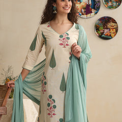 Khushal K Women Floral Printed Regular Pure Cotton Off-White Kurta & Palazzo With Dupatta