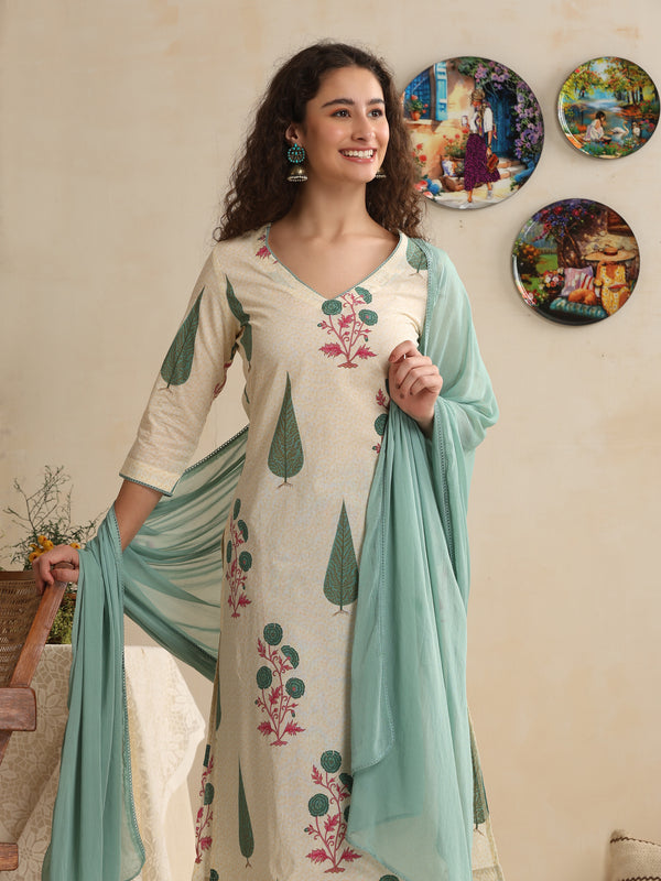 Khushal K Women Floral Printed Regular Pure Cotton Off-White Kurta & Palazzo With Dupatta