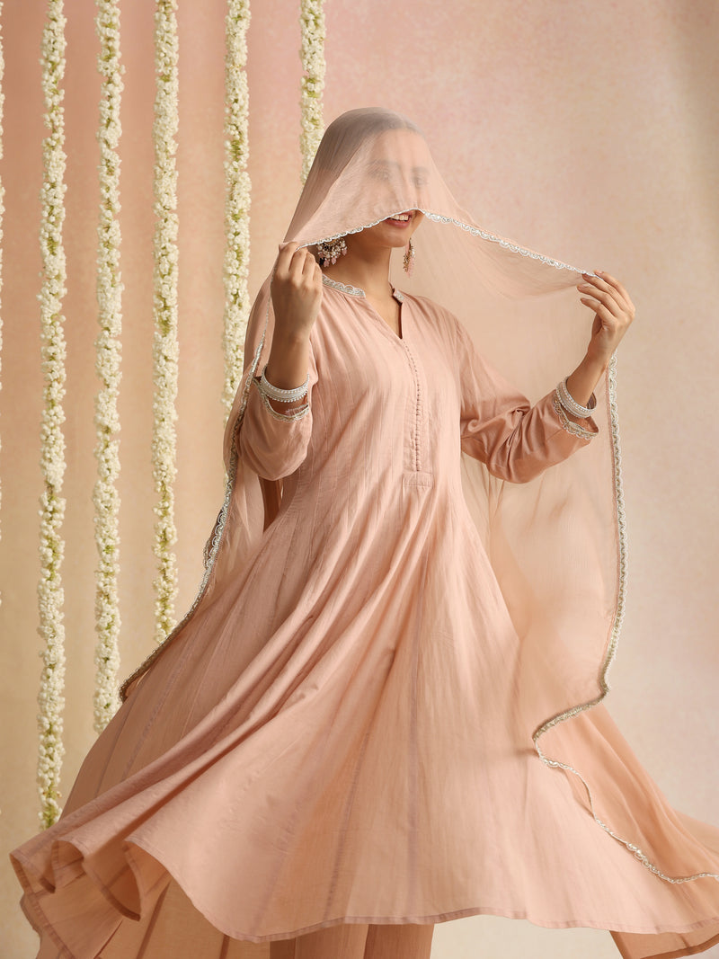 Khushal K Women Cotton Kurta and Palazzo With Dupatta Set - Peach