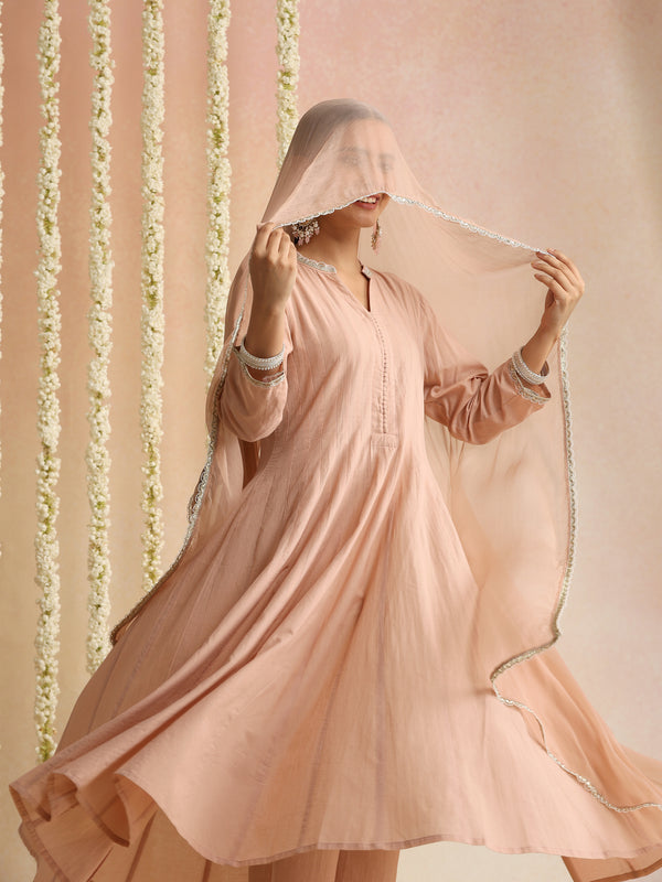 Khushal K Women Cotton Kurta and Palazzo With Dupatta Set - Peach