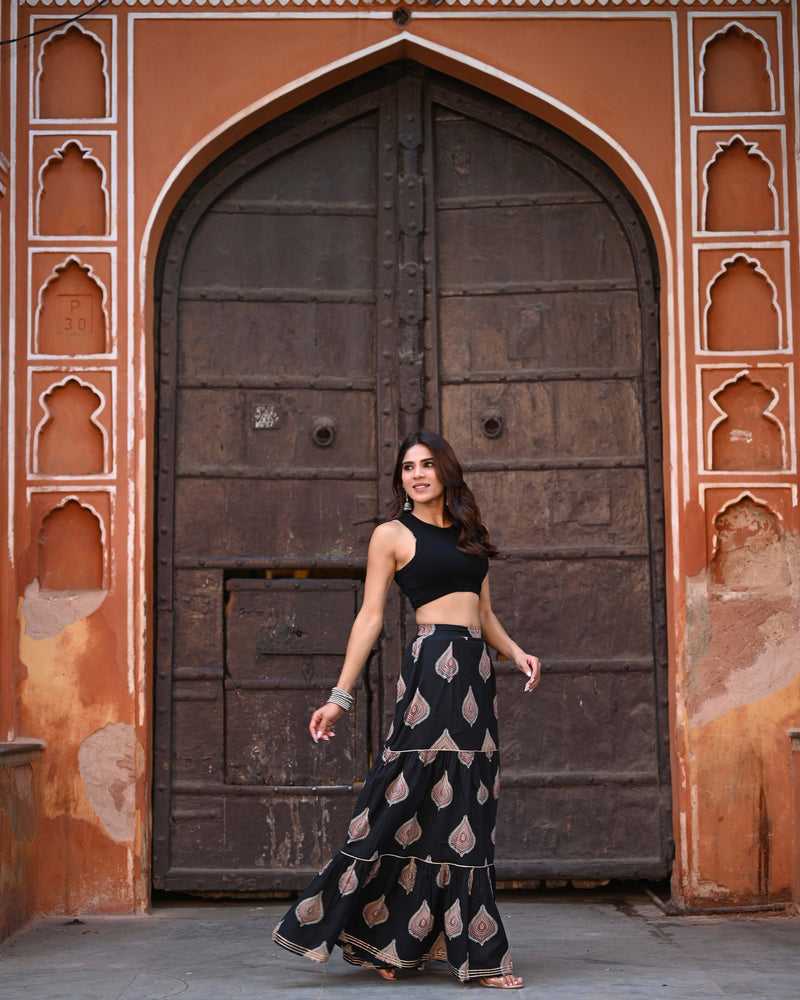 Khushal K Women's Black Printed Cotton Flared Maxi Skirt