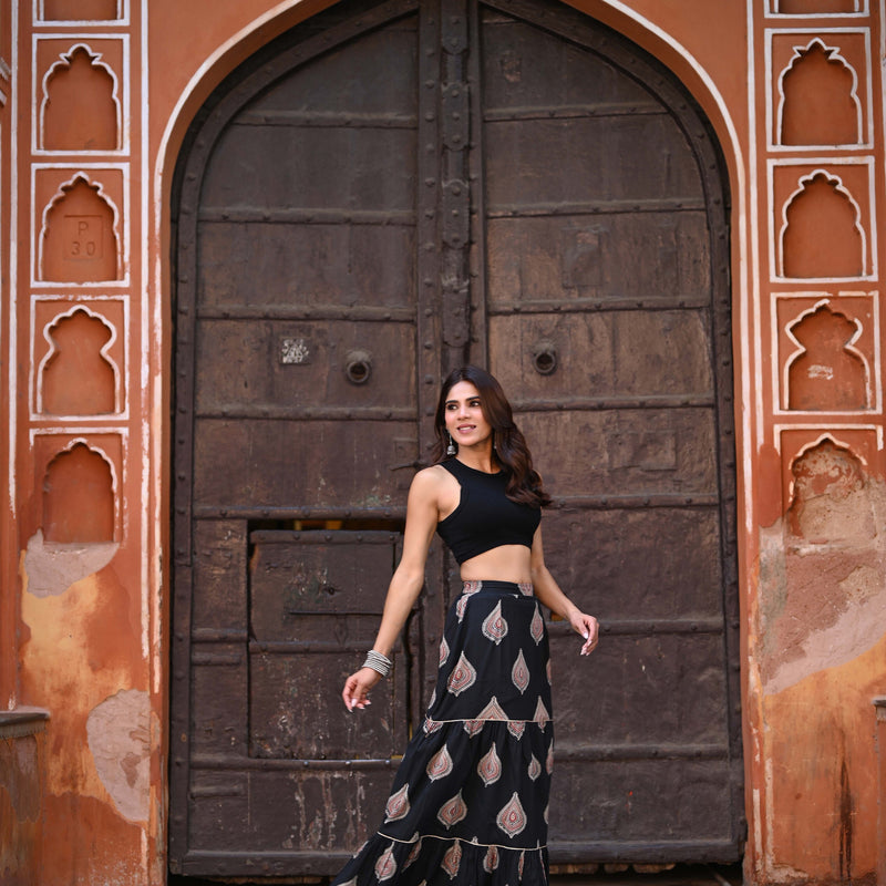Khushal K Women's Black Printed Cotton Flared Maxi Skirt