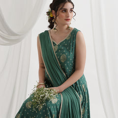 Foil Printed Sweetheart Neck Kurta With Trousers & Dupatta