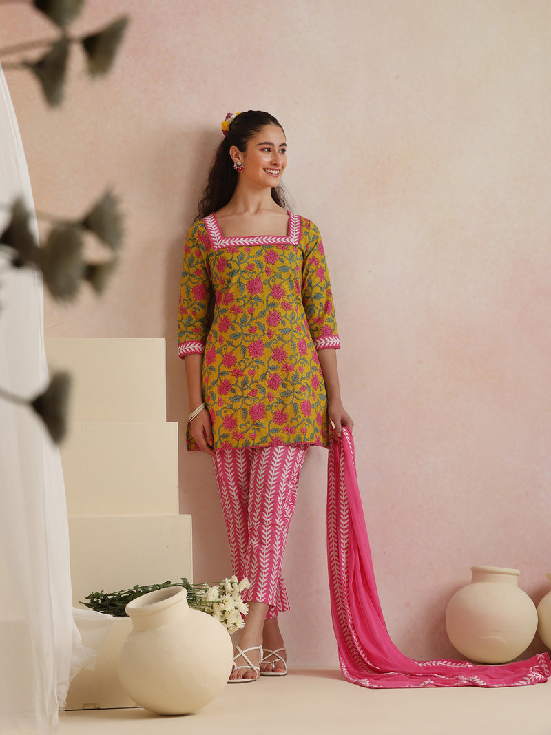 Khushal K Women Cotton Kurta Palazzo Dupatta Set - Yellow