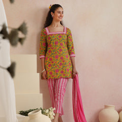 Khushal K Women Cotton Kurta Palazzo Dupatta Set - Yellow