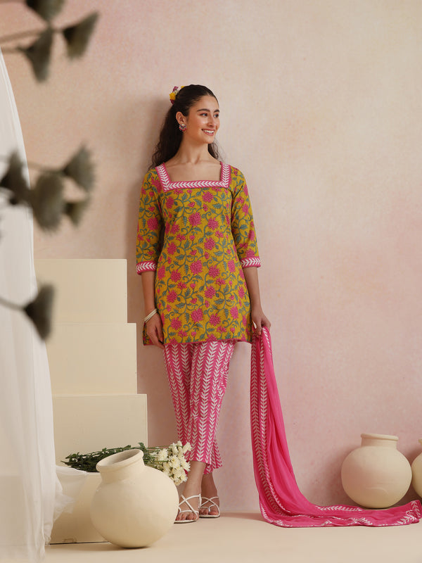 Khushal K Women Cotton Kurta Palazzo Dupatta Set - Yellow