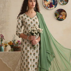 Khushal K Women Floral Printed Regular Pure Cotton Cream Kurta & Palazzo With Dupatta