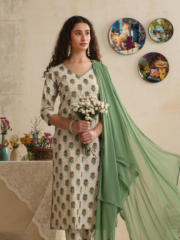 Khushal K Women Floral Printed Regular Pure Cotton Cream Kurta & Palazzo With Dupatta