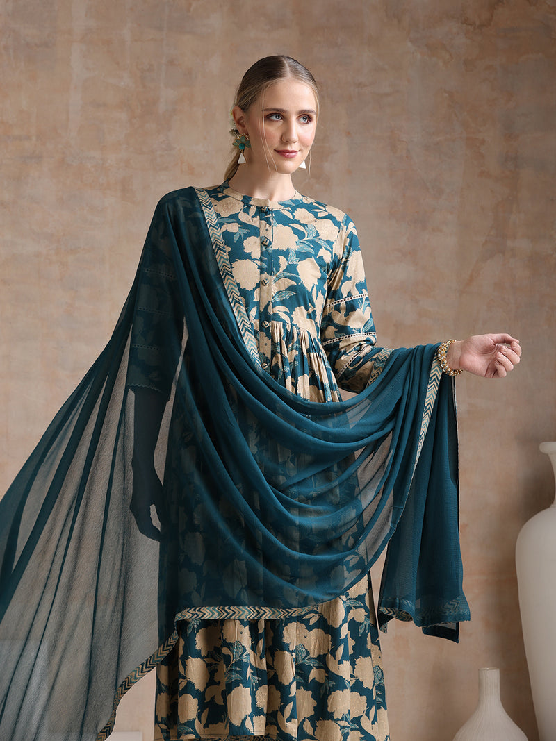 Women Floral Printed Regular Pure Cotton Kurta with Palazzos & With Dupatta