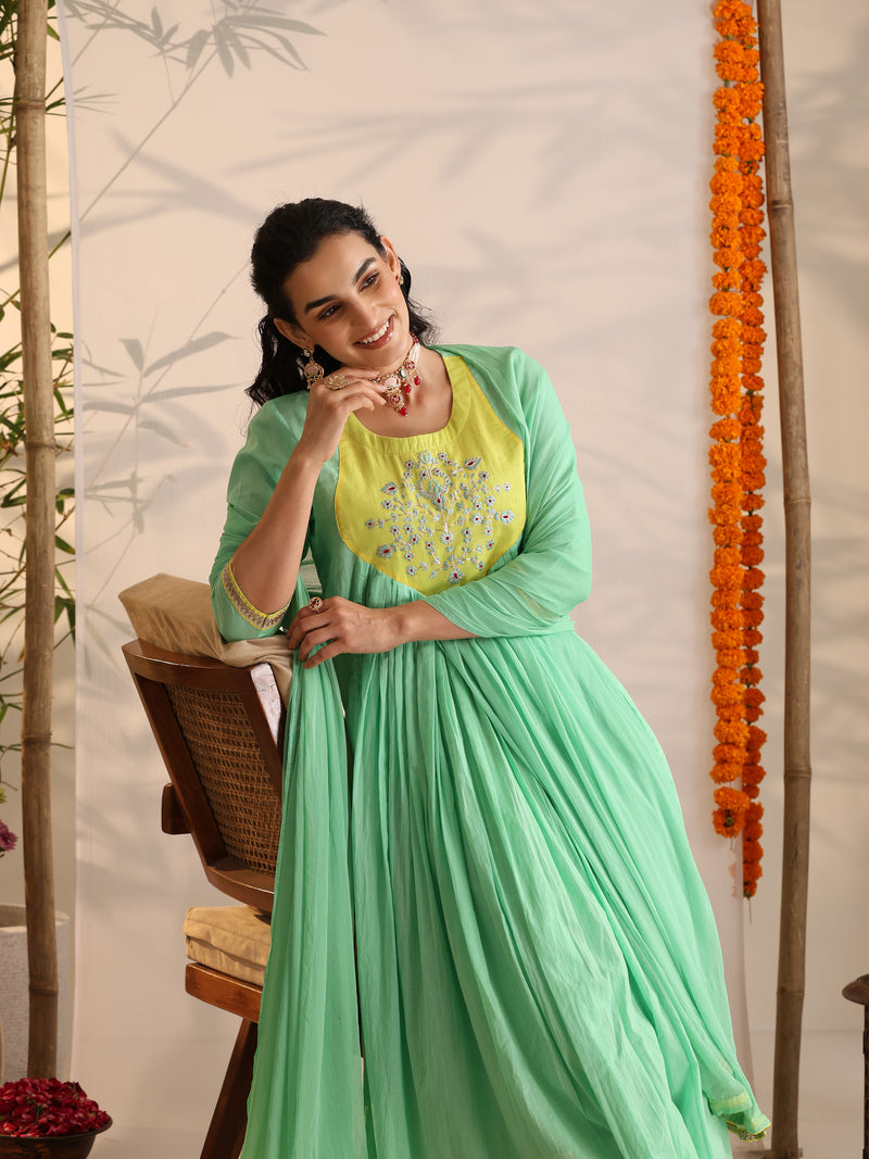 Khushal K Women Cotton Kurta and Palazzo With Dupatta Set - Green