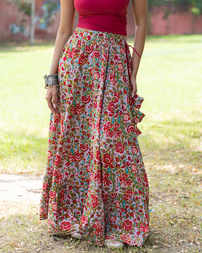 Khushal K Women's Grey Printed Cotton Flared Maxi Skirt