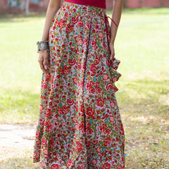 Khushal K Women's Grey Printed Cotton Flared Maxi Skirt