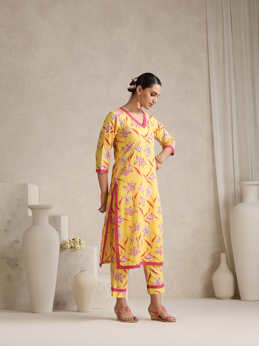 Floral Printed V-Neck Pure Cotton Straight Kurta With Palazzos And Dupatta