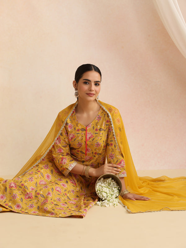 Women Floral Printed Cotton A-Line Kurta with Trousers & Dupatta