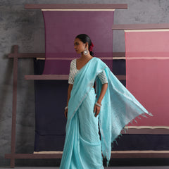 Women Cotton Torquoise Blue Linen Printed Saree