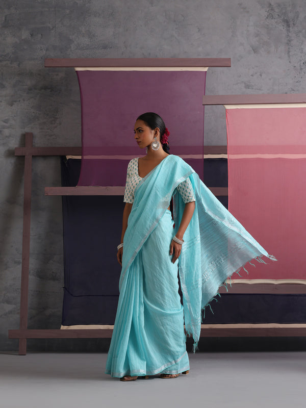 Women Cotton Torquoise Blue Linen Printed Saree