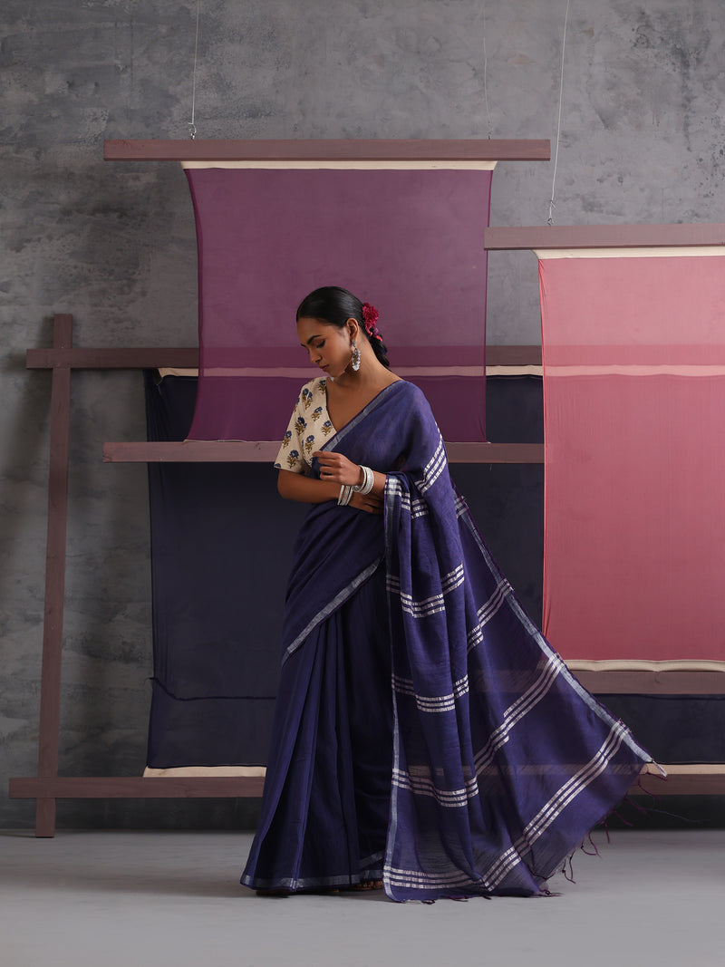 Women Cotton Blue Linen Printed Saree