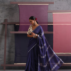 Women Cotton Blue Linen Printed Saree