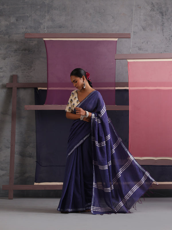 Women Cotton Blue Linen Printed Saree