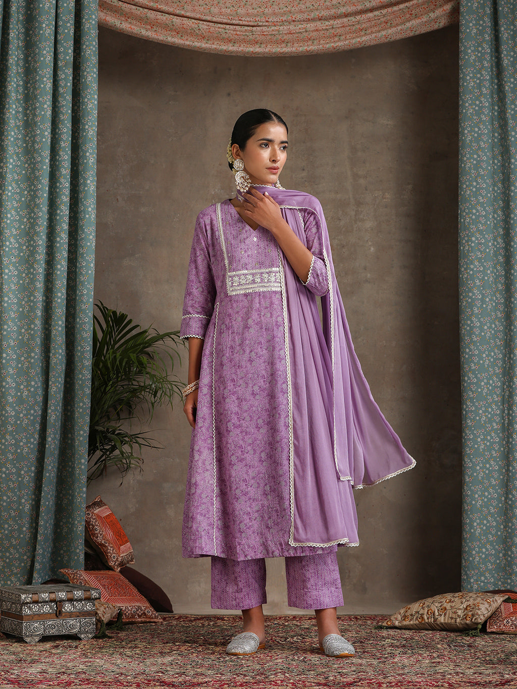 Purple and white Kurta with trouser & dupatta