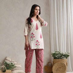 Floral Printed Cotton V-Neck Tunic With Trouser Co-Ords