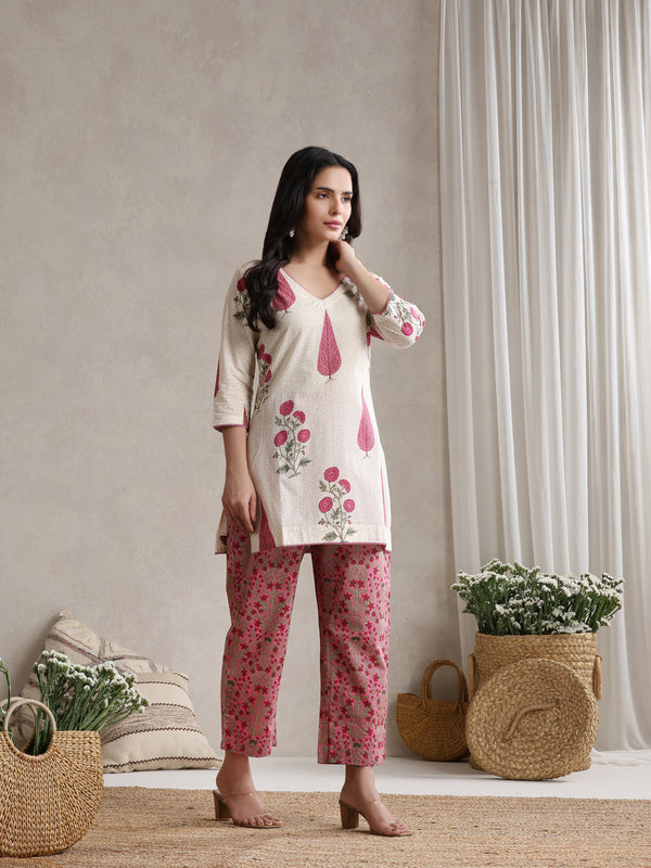 Floral Printed Cotton V-Neck Tunic With Trouser Co-Ords